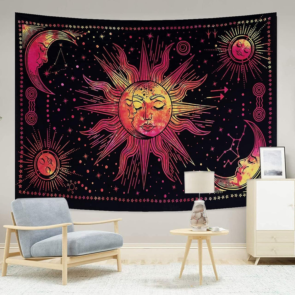 Tapiserie sun moon star spiritual asthetic rainbow bumbac Casa - Accesorii si Decoratiuni Naty Shop Roșu 210L X 140B Cm