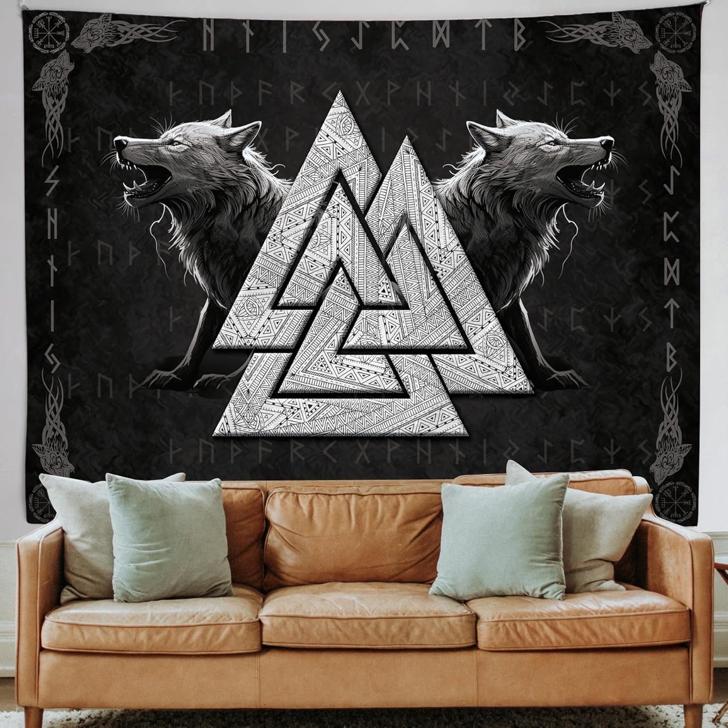 Tapiserie viking wolf totem negru alb meditatie rune Casa - Accesorii si Decoratiuni Naty Shop