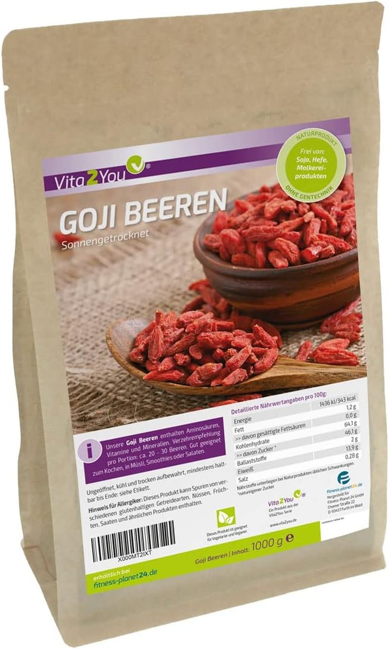 Vita2You Goji berries 1kg - wolfberries - uscate la soare - nesulfurate și fără aditivi - 1000g - zip bag - calitate premium Produse deshidratate Naty Shop Titlu implicit