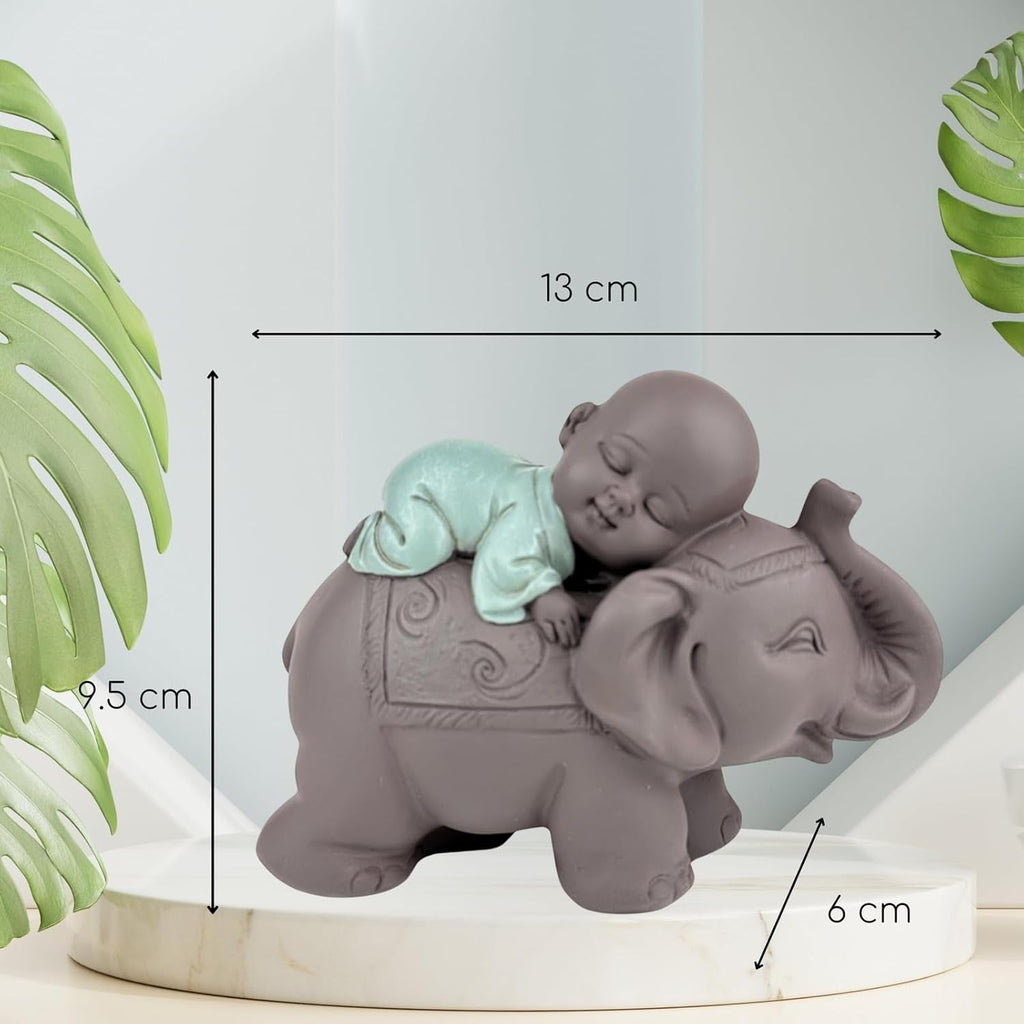 Zen'Light Statue Buddha Bonze Sleeping on Elephant - Atmosferă Zen în spațiul tău sacru - frumoasă figură de bun augur -H 9.5 cm, Brown & Green Statuete si sculpturi Naty Shop